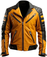 Veste de moto en cuir noir et moutarde vieilli pour homme